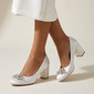 Women's Wedding Shoes Satin Chunky Heel Round Toe Pumps Elegant Rhinestone Wedding Shoes