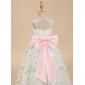 A-line V-Neck Floor-Length Satin Tulle Lace Flower Girl Dress With Bow 