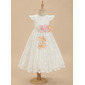 A-line Scoop Tea-Length Lace Lining 100% Cotton Flower Girl Dress With 3D Floral 